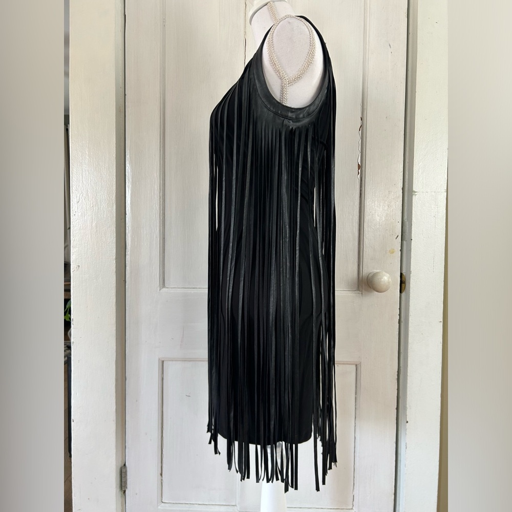 Symphony Bodycon Dress with Faux Leather Fringe Overlay Black size Small EUC - Picture 2 of 7